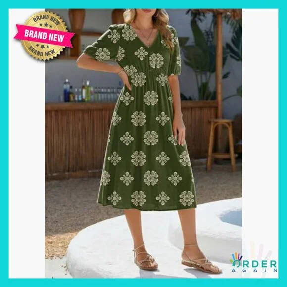 Boho Maxi Dress Flowy V Neck Short Sleeve Casual Summer Elegant with Pockets - Picture 3 of 7